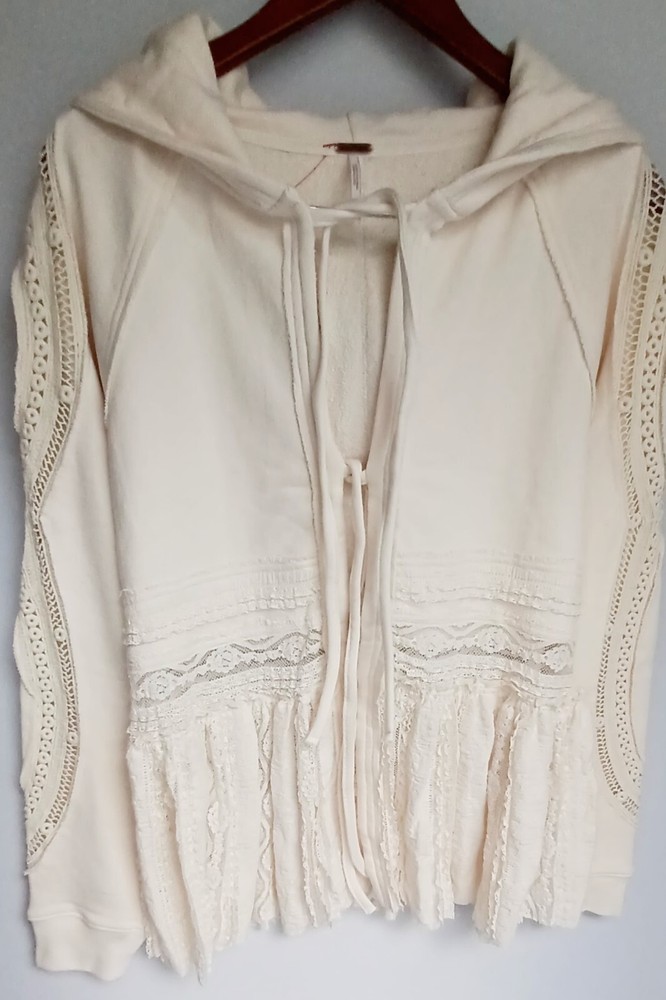 Free People Lace Tiered Hoody Slouchy Tie Front Ivory Lace Cardigan Bohemian 42