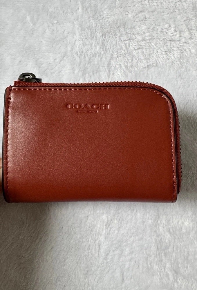 Coach Burgundy Leather Wallet with Zipper Pocket & Keychain Clip