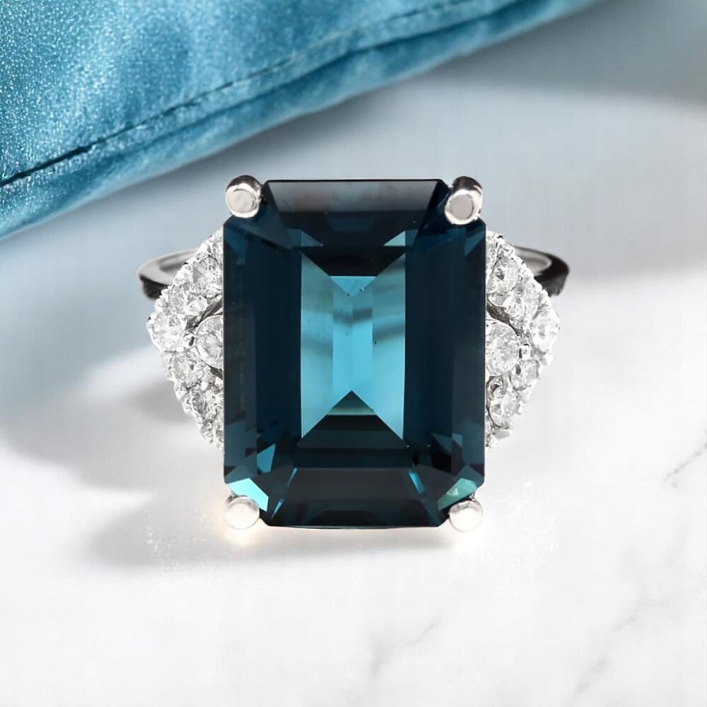 Emerald Cut London Blue Topaz 14.70 Ct Diamond Wedding Ring 18K White Gold