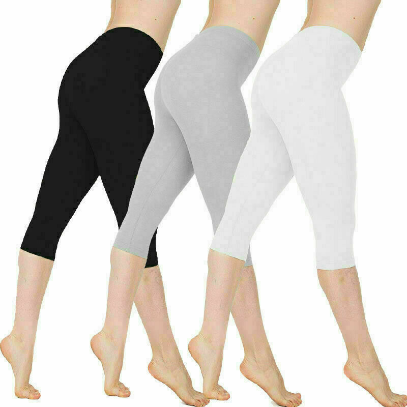 Ladies Stretch Cotton Capri Leggings Sports Yoga Pants Slim Gym Plus Size Comfy
