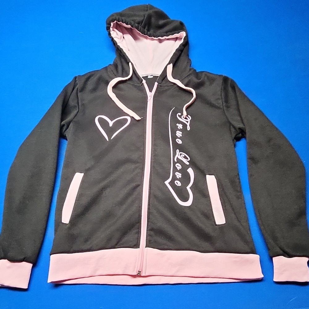 Full Zip Hoodie Black Pink Heart Graphic Women's XL Long Sleeve