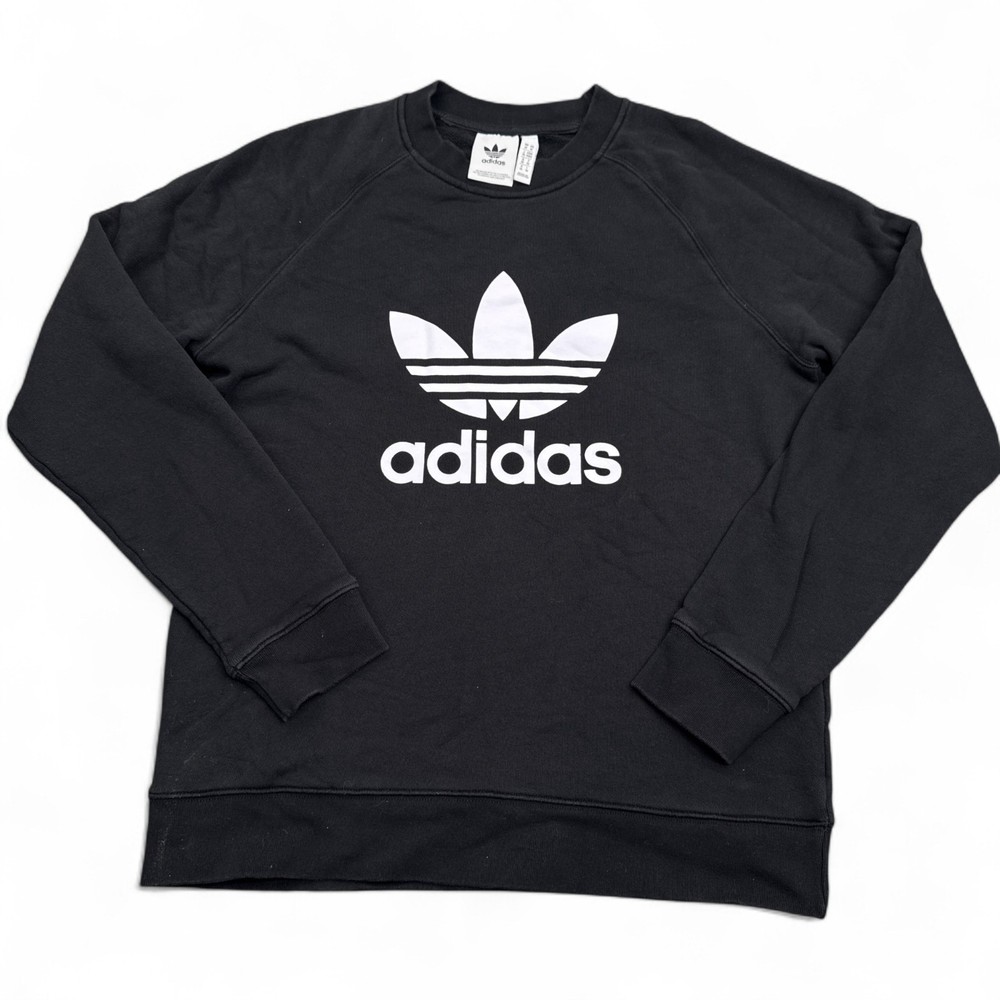 adidas Fleece Sweatshirt Womens Size Medium Black Trefoil Logo Crewneck Pullover