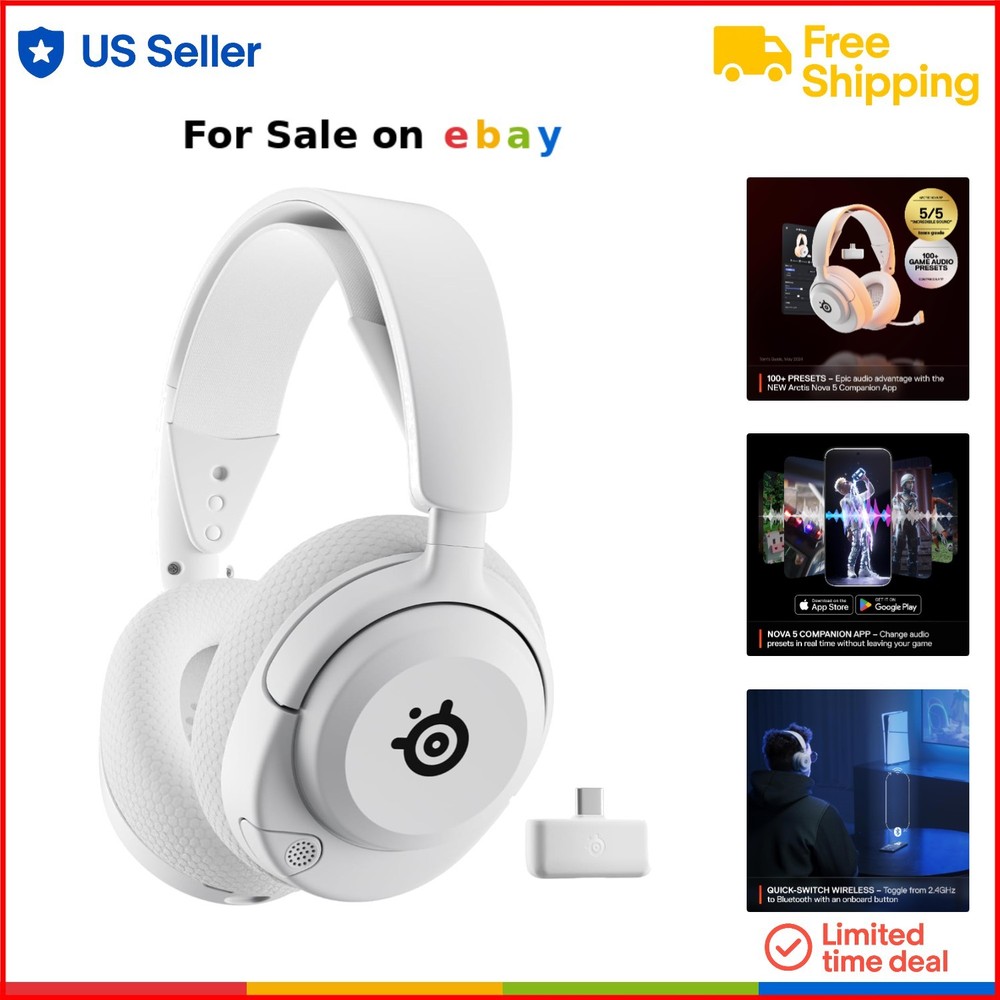 Wireless Gaming Headset Neodymium Drivers 60HR Battery PC PS5 Switch Mobile