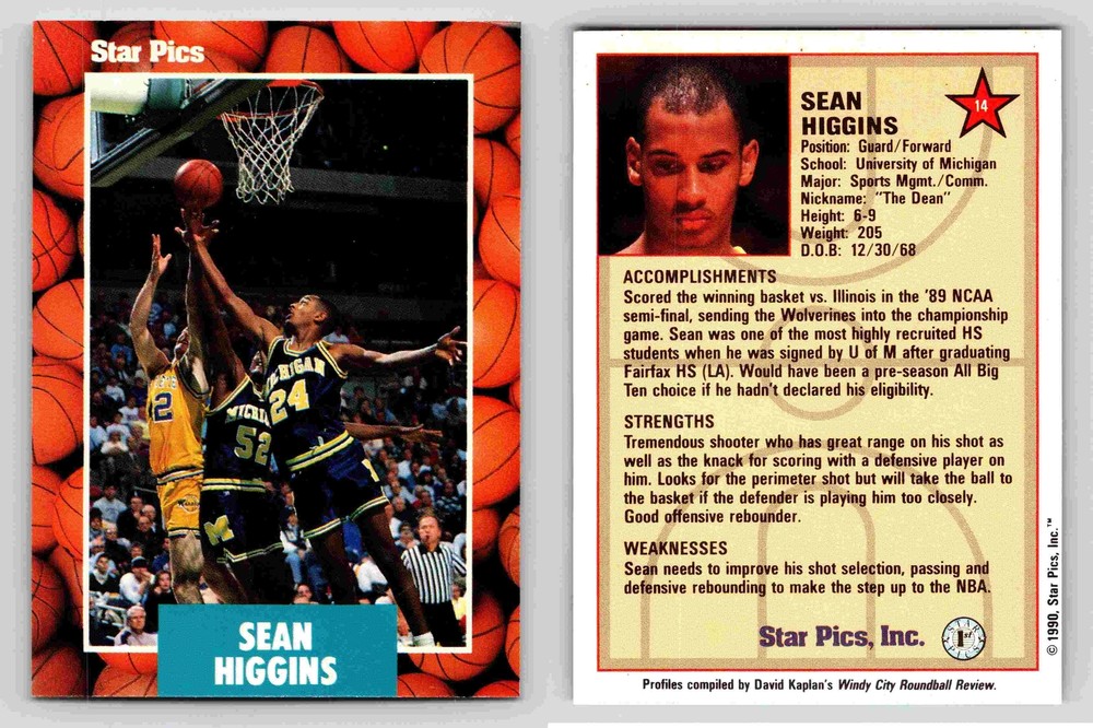 Sean Higgins Guard Forward University Of Michigan Star Pics 1990 Card 14
