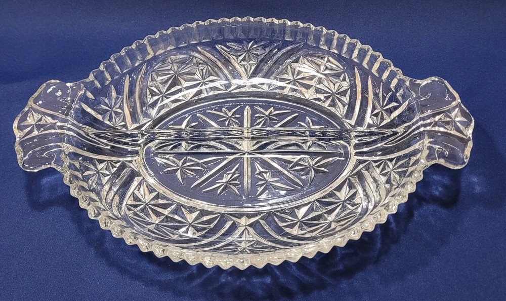 Anchor Hocking Relish Dish Divided Oval Thousand Line Stars Bars Pressed Glass