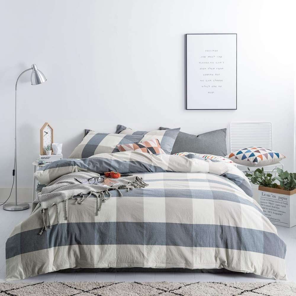 Blue Checkered Duvet Cover Queen Size 100% Washed Cotton Plaid Duvet Cover Set 3