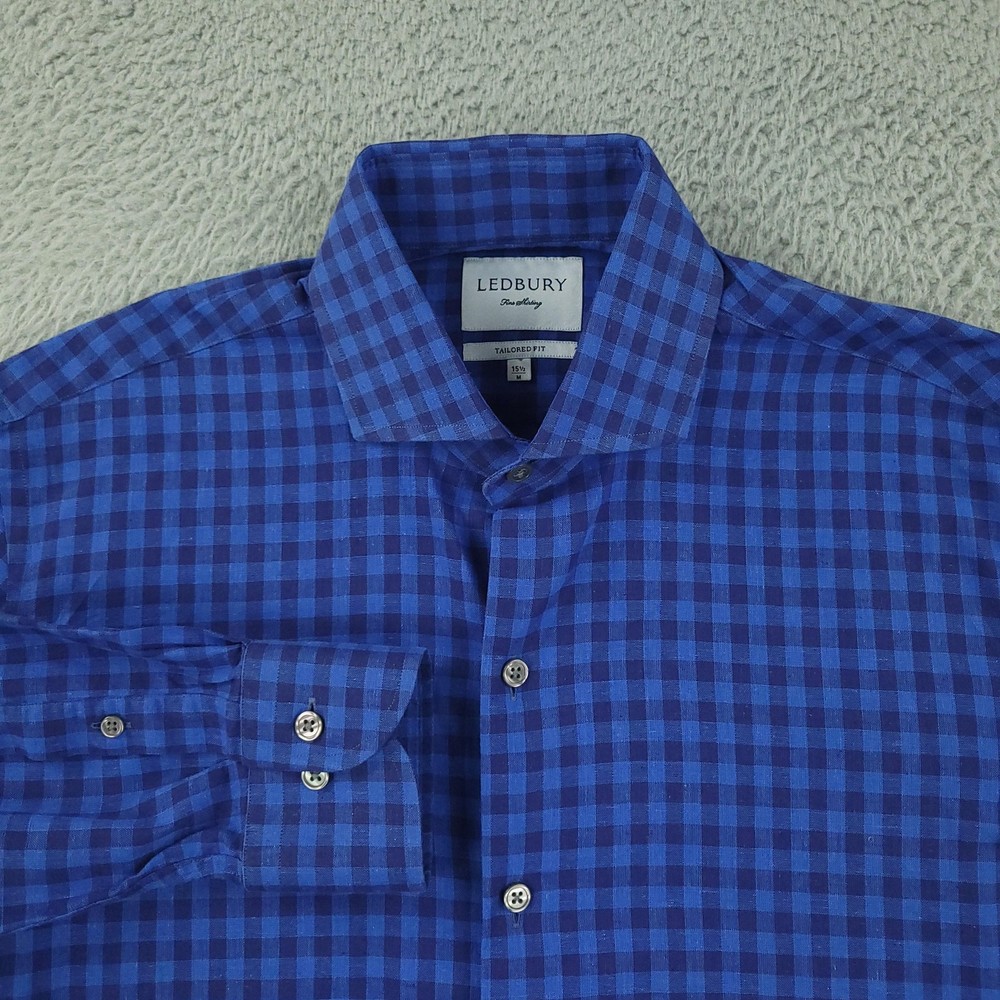 Ledbury Dress Shirt Mens 15.5 Blue Gingham Tailored Fit Cotton Linen Long Sleeve