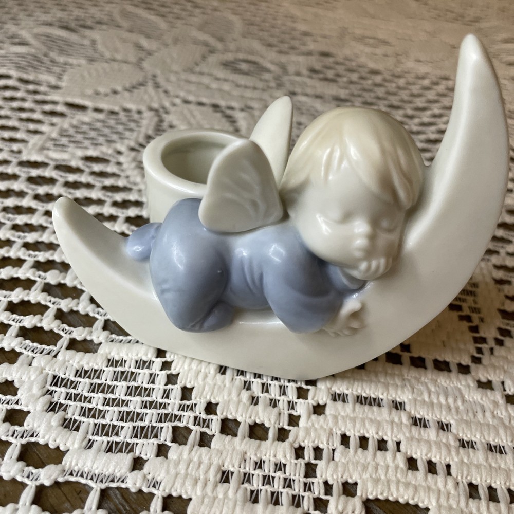 VTG Blue & White Japanese Colonial CCCC Baby Angel Moon Taper Candle Holders