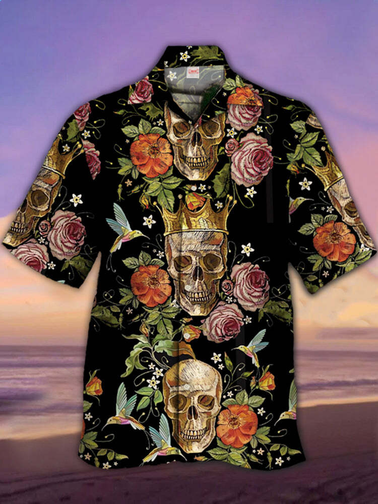 Luxurious Skulls Wearing Crowns And Blooming Flowers Hawaiian Shir