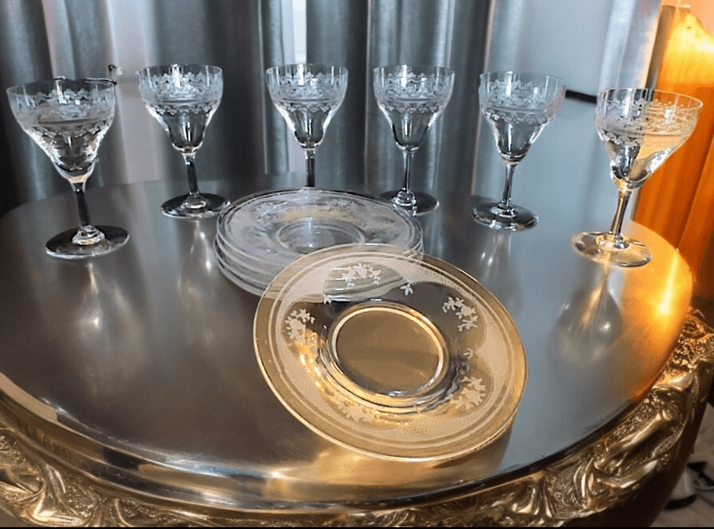 Crystal Clear Set Of Vintage Etched Mid-Century Wine Glasses & Salad Plates - Se