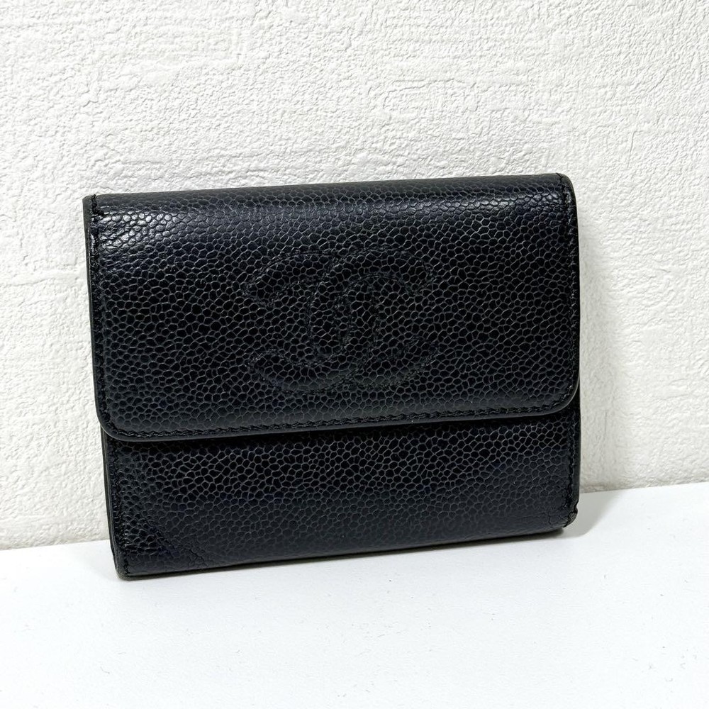 Chanel Big Coco Tri-Fold Wallet Caviar Skin Black Vintage Used