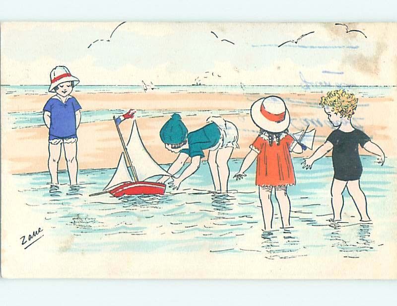 Vintage GIRLS PLAY WITH TOY SAILBOAT French Flag Signed J5010