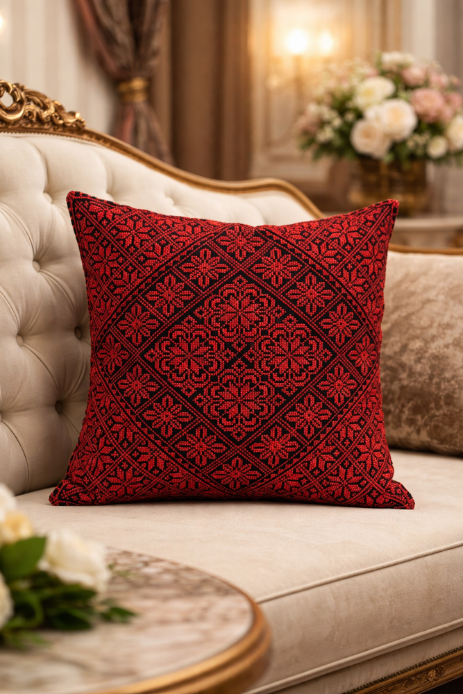 Palestinian Tatreez Black Square Pillow Cover with Red Embroidery/Zipper