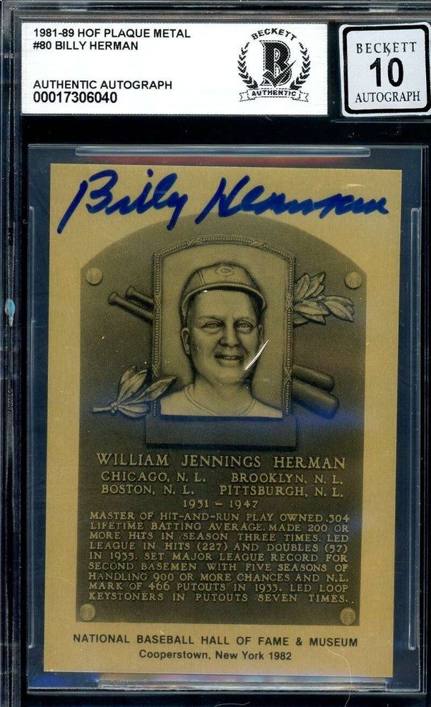 Billy Herman 1981-89 Metallic Hall of Fame Plaque Gem Mint 10 Beckett BAS Signed