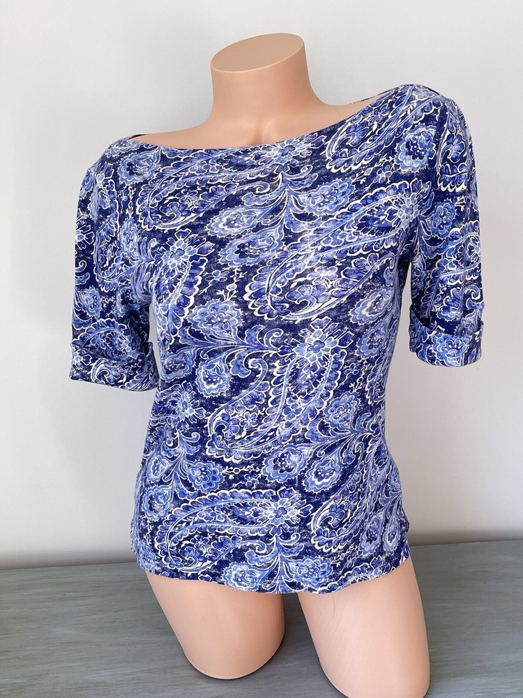 Lauren Ralph Lauren Blue Paisley Boat Neck Elbow Sleeve Top