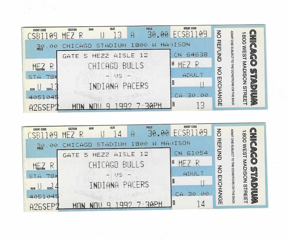 Chicago Bulls vs Indiana Pacers Unused Basketball Tickets from 11/9/1992