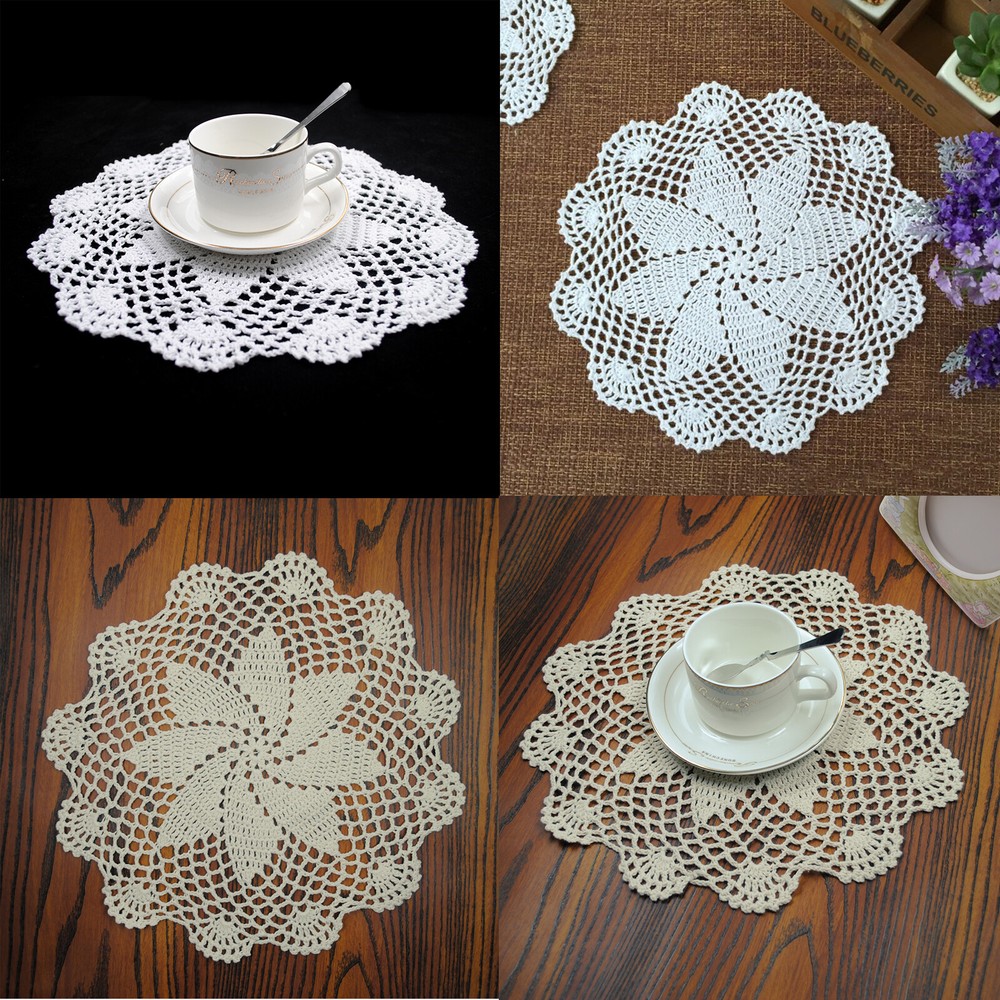 Set of 4 Vintage Crochet Placemats Round Dining Table Mat Flower Doilies Kitchen