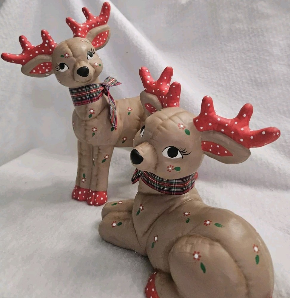 Christmas Reindeer Ceramic 1986 Kimple Mold Figurines Quilted Hand Painted Set 2
