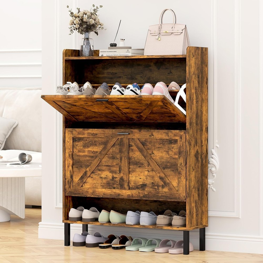 Farmhouse Shoe Cabinet with 2 Flip Drawers for Entryway Storage