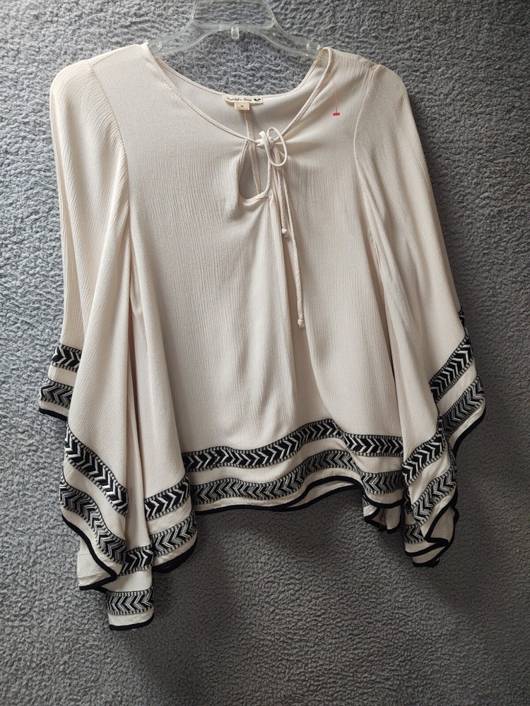 Double Zero Womens Medium Beige Embroidered Peasant Blouse Top 0219-image