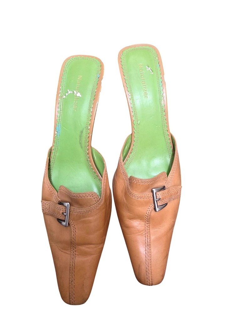 Naturalizer Tan Leather Mule Heels Buckle Detail & Green Insoles Size 8N