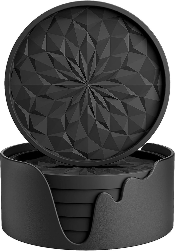 ME.FAN Silicone Coasters [6 Pack] with Holder - Drinking Black