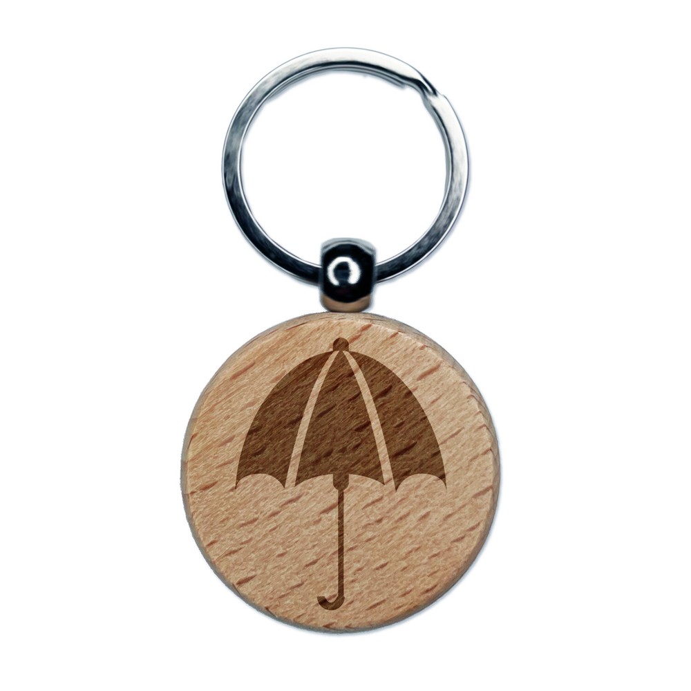 Rainy Day Umbrella Engraved Wood Round Keychain Tag Charm