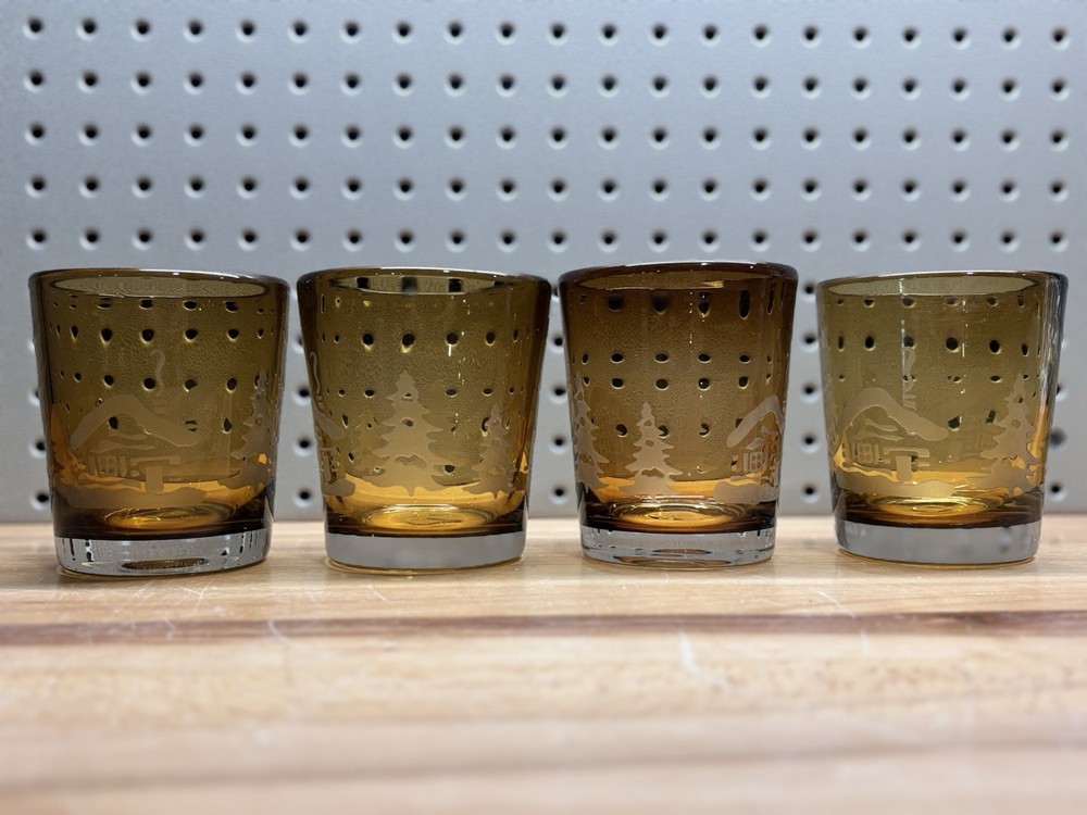 Home Studio Woodland Rustic Amber Glasses with Etched Cabin & Pine Trees 14 oz