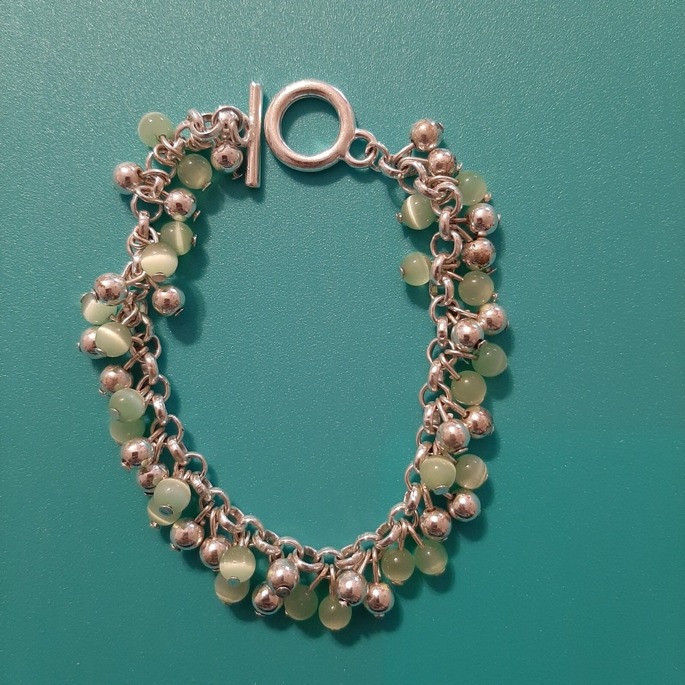 Green Cat Eye, Silver Ball Dangle Cha Cha Charm Bracelet Toggle 7