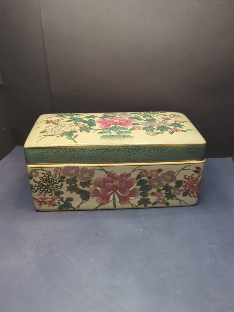 Vintage Hand Painted Satsuma Trinket Box Rectangular Ceramic Jewelry Box Floral