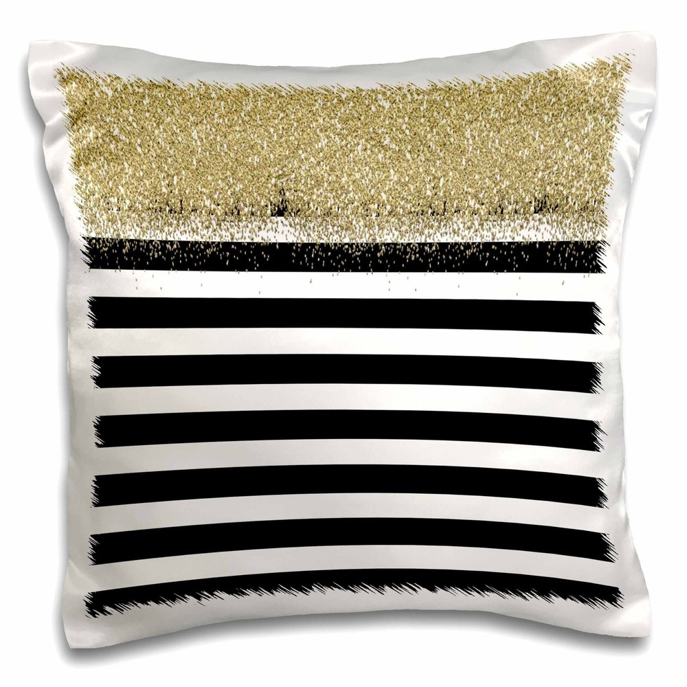 3D Rose Black White Stripes Gold Glitter 16x16 Pillow Case