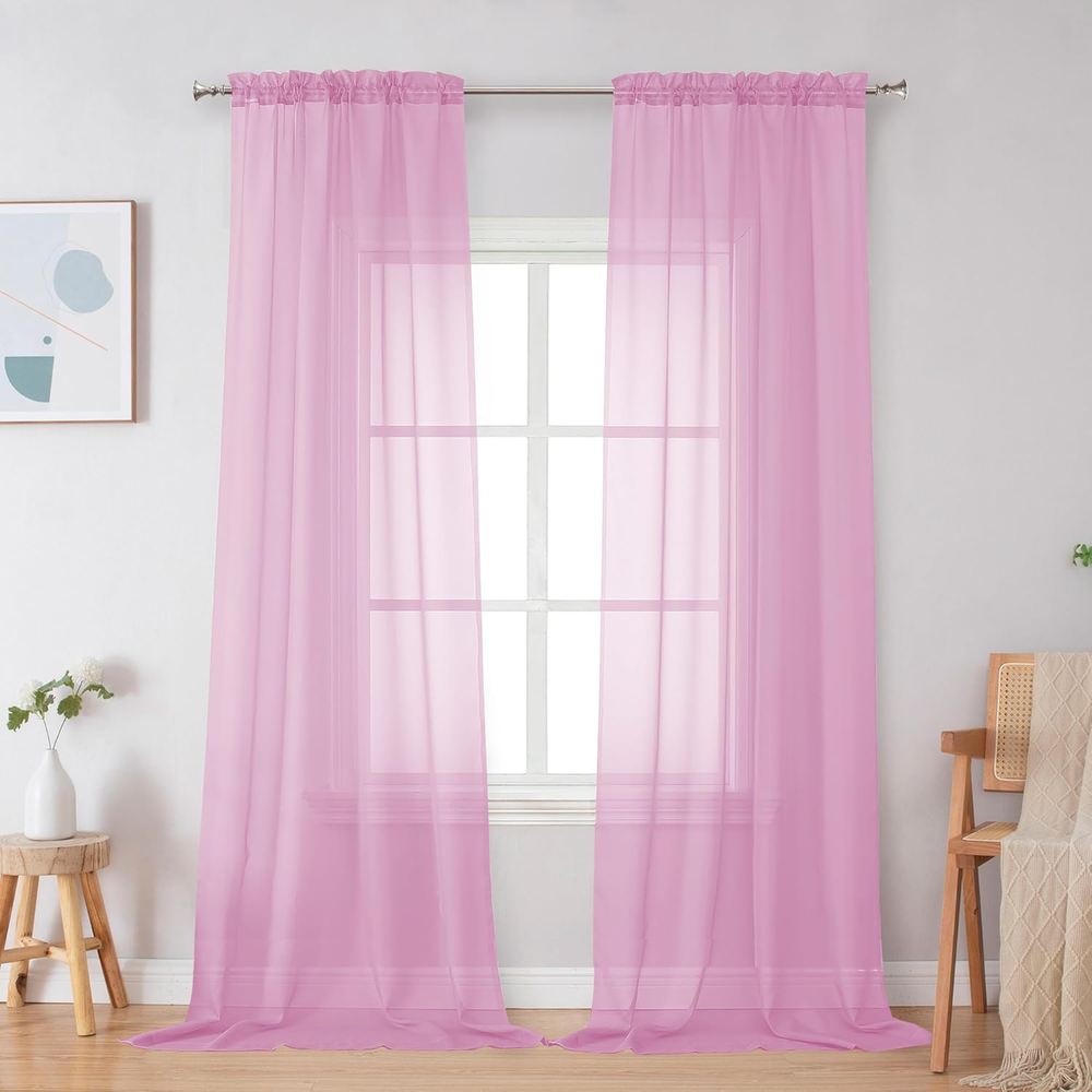 Pink Sheer Curtains 96 Inches Long, Light Filtering Rod Pocket Solid Color Windo
