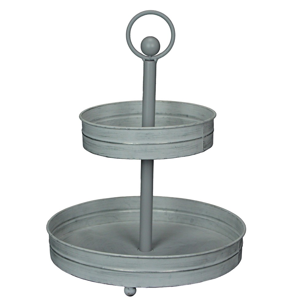 White Galvanized Metal Rustic Round Two Tier Farmhouse Tray Serving Stand
