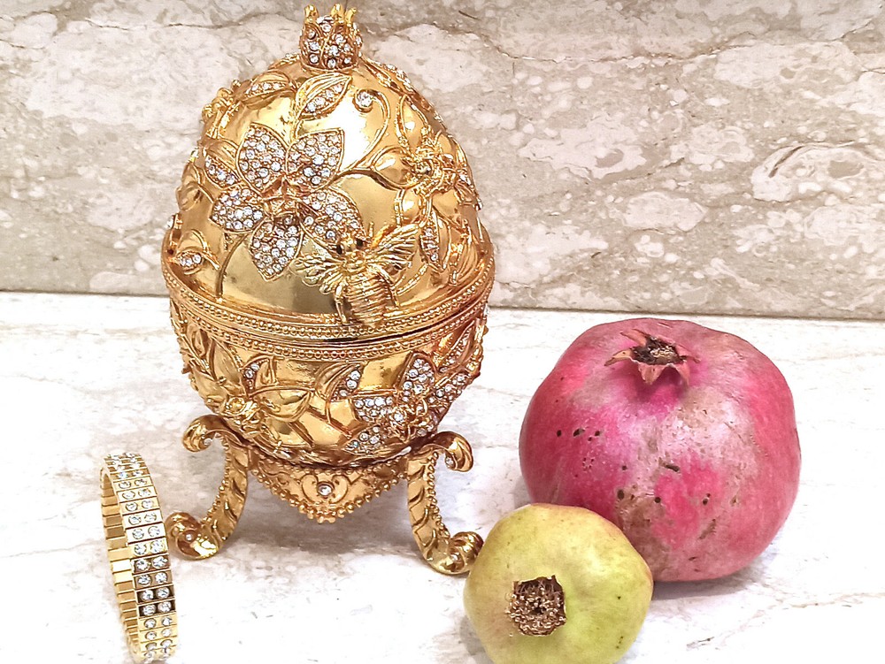 New years gift for parents Faberge egg Pomegranate 24k GOLD trinket & Bracelet-image