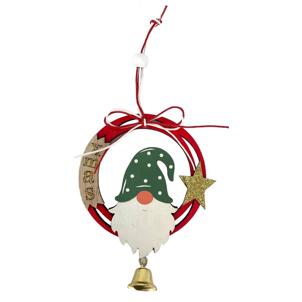 Gnome and Gold Star Wood Christmas Ornament with Hanging Bell 6 Inch