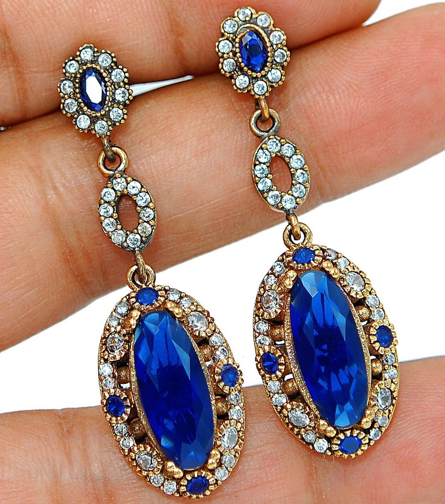 Ottoman Empire Inspired 12CT Treated Sapphire 925 Sterling Silver Earrings TE3523