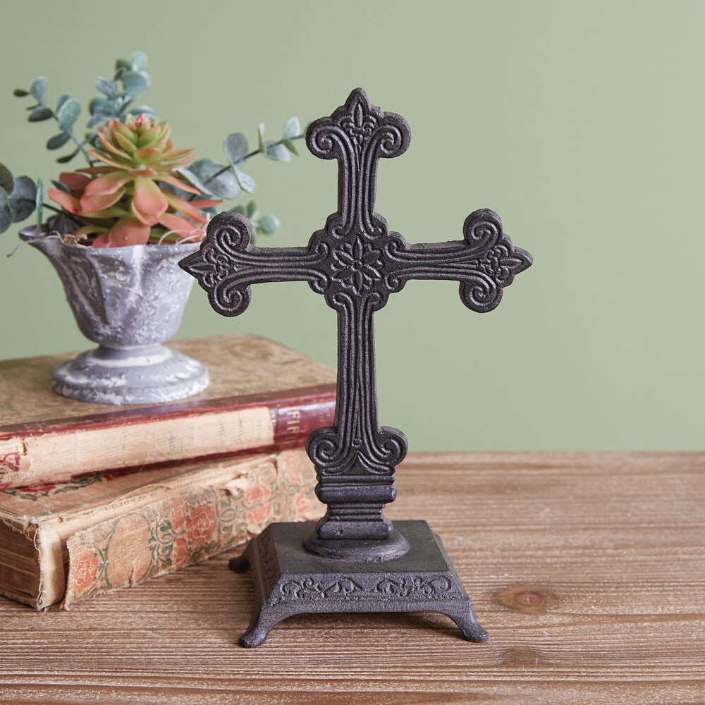 Ornate Cast Iron Cross Statue Tabletop Religious Inspirational Decor