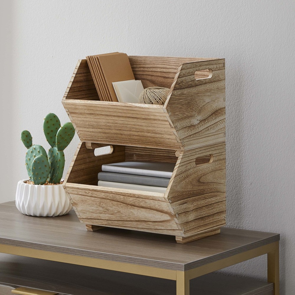 Better Homes Gardens Natural Wood Stacking Storage Bin Set 2-Piece for Adults