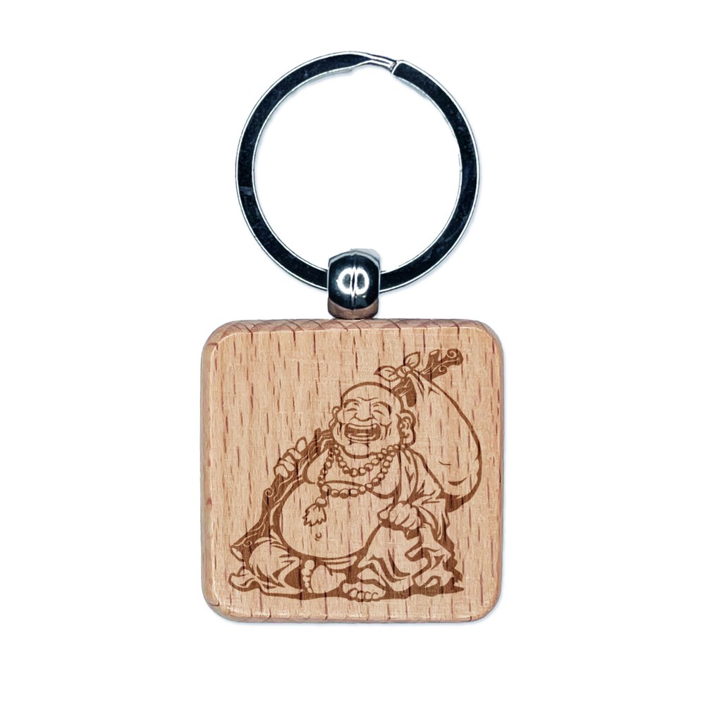 Laughing Buddha Wooden Keychain - Engraved Fat Monk Charm