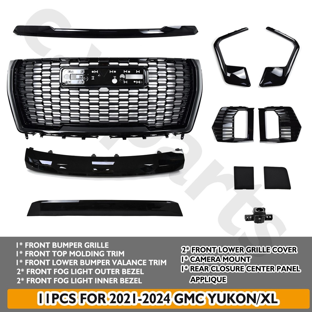 For 2021-2024 GMC Yukon/XL Denali Front Grille Hood Trim Molding Gloss Black Set