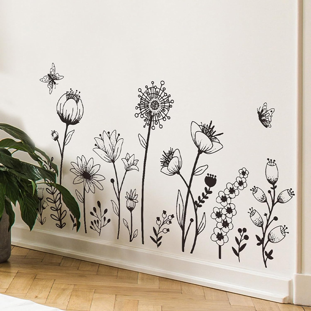 Black Flower Wall Decals Simple Flower Boho Wall Stickers Floral Modern Wall Dec