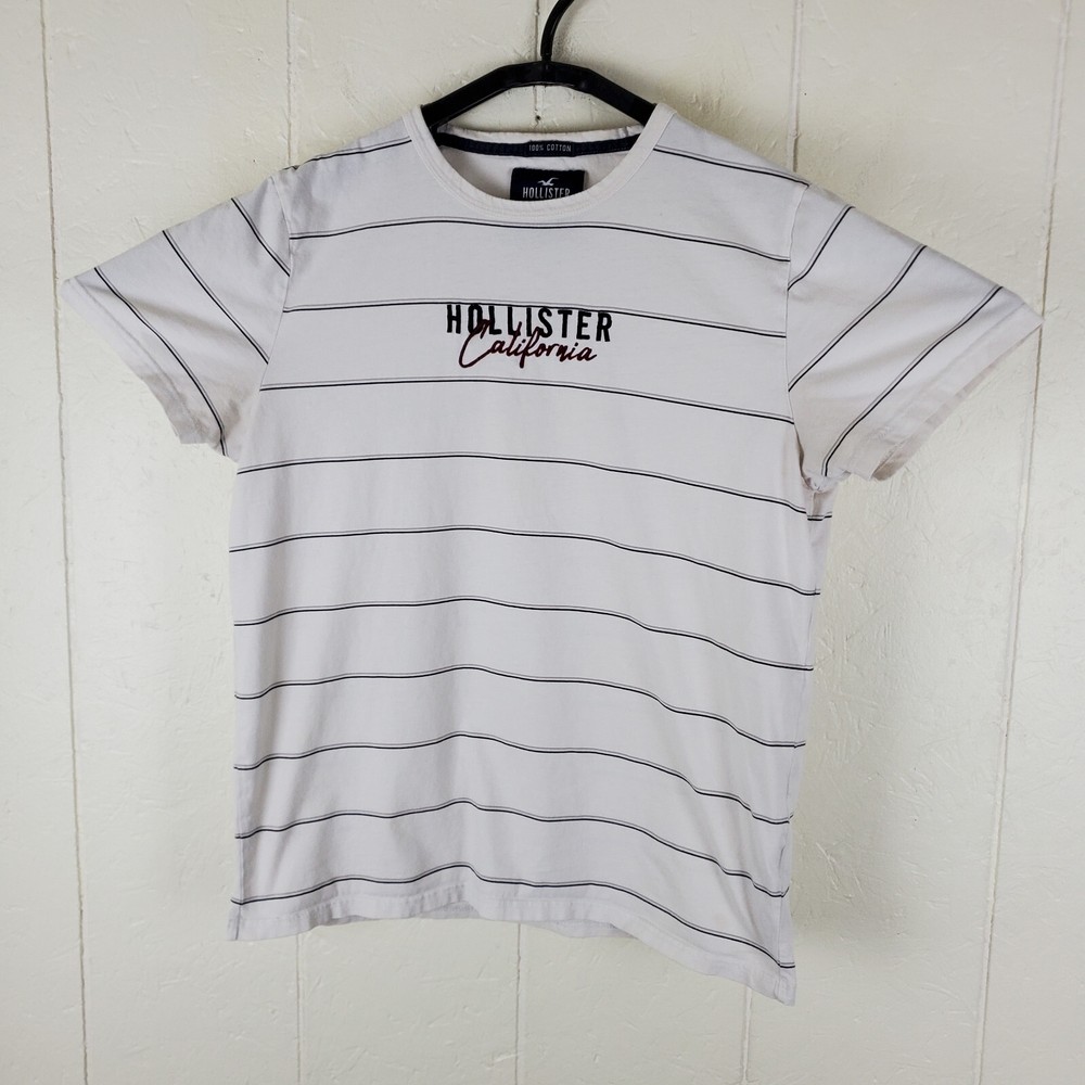 Hollister Shirt Mens Large White Stripe Embroidered Logo Crew Neck Short Sleeve