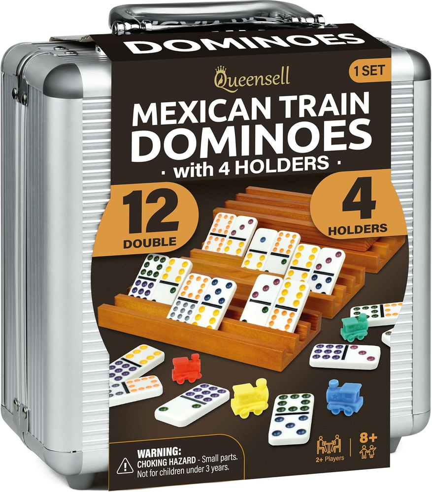 Double 12 Mexican Train Dominoes Set with Wooden Hub and 4 Holder Tiles  