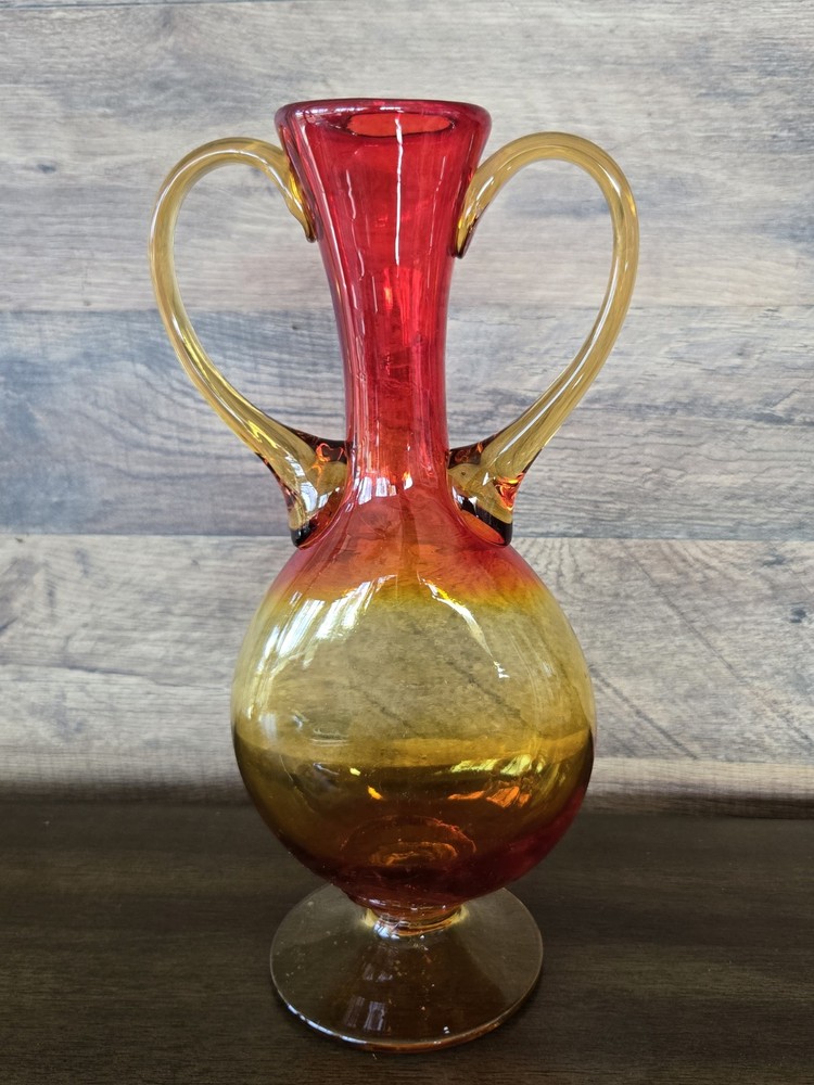 VTG Amberina Art Glass Vase Murano Style Double Handle Hand Blown Red/Amber UV