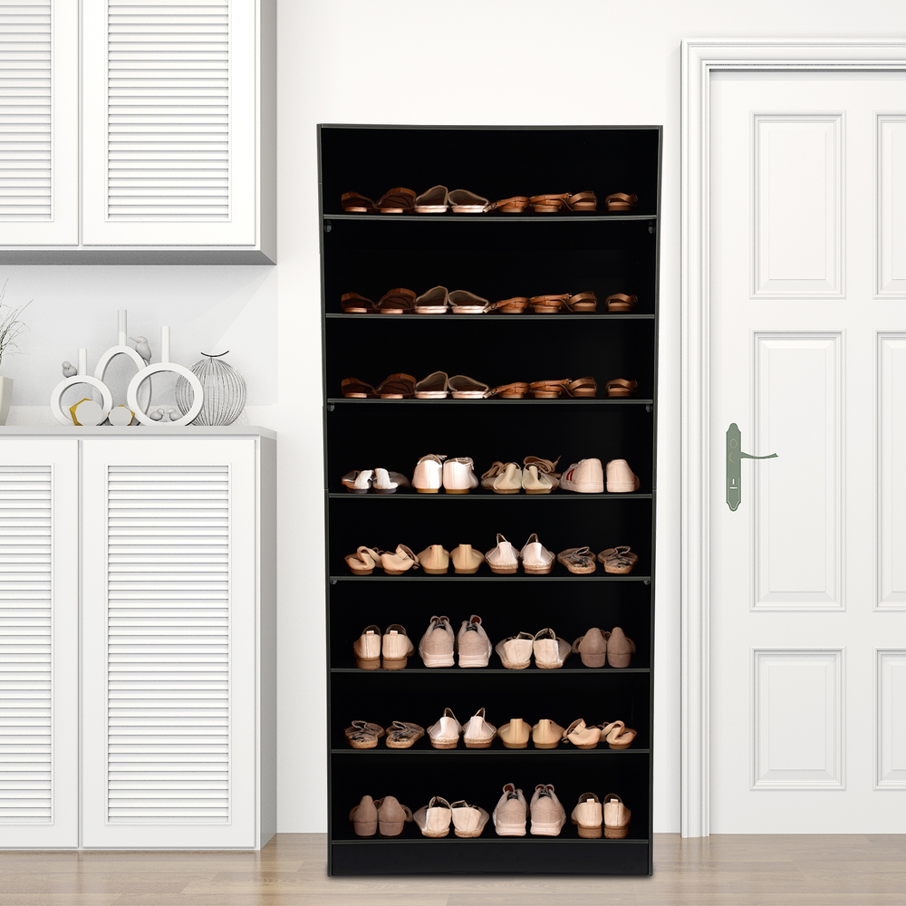 8-Tier Black Wooden Shoe Rack Cabinet with Door Storage Organizer