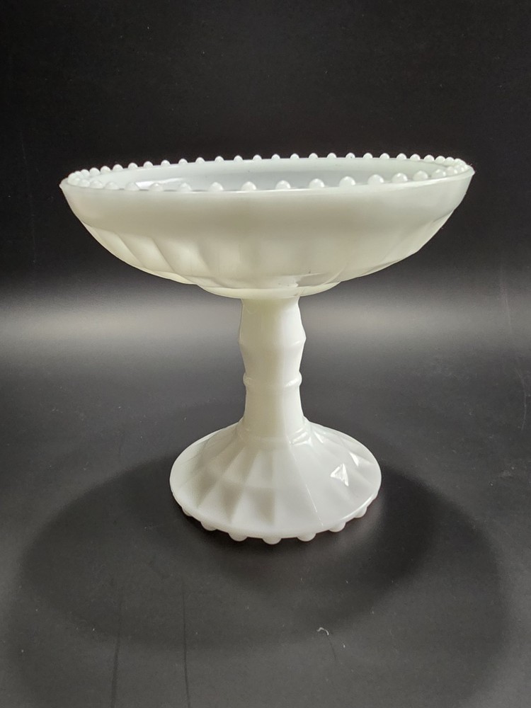 Vintage 1950s Jeanette Milk Glass Pedestal Candy Dish with Beaded Rim
