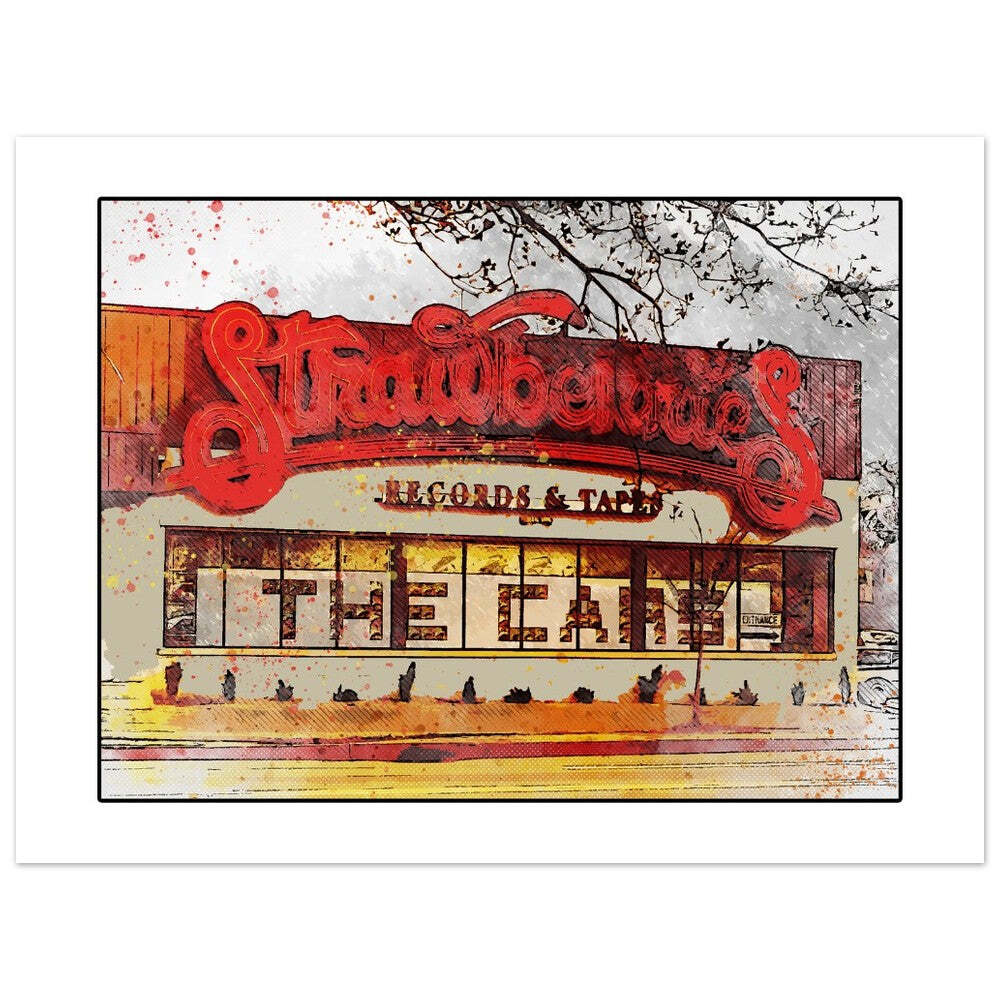 Strawberries Records & Tapes Record Store Ink Sketch Watercolor Art Print Poster