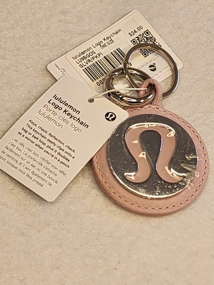 Lulmon NWT Pink Silver Logo Charm Keychain Round