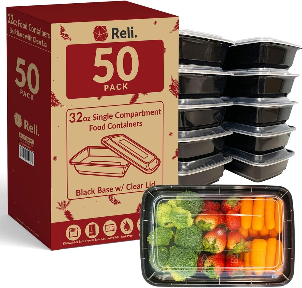 50-Pack Black 32oz Meal Prep Containers – Single Compartment BPA-Free Storage
