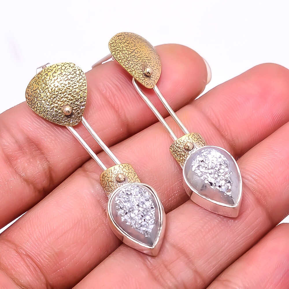 Silver Titanium Agate Drusy 925 Sterling Silver Two Tone Earring 1.76